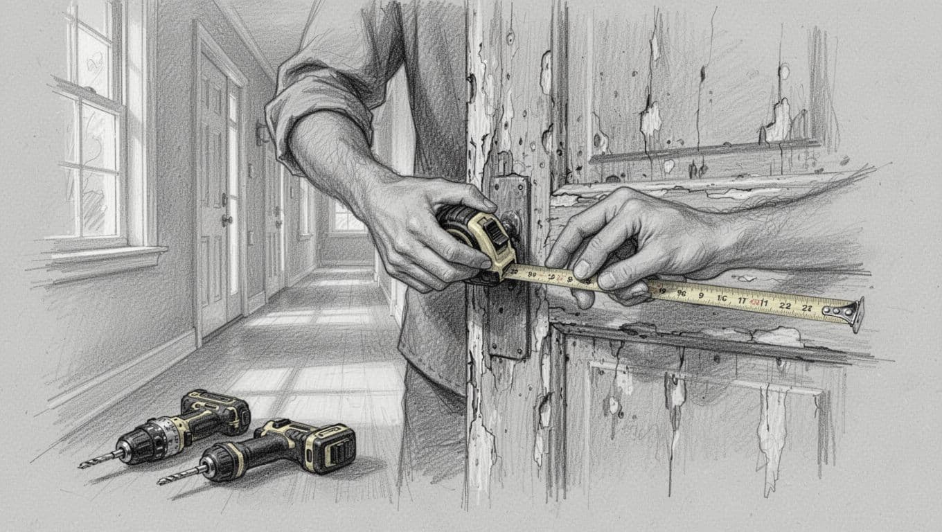 Ein Handwerker misst präzise den alten Türrahmen mit einem Maßband in einem Hausflur, umgeben von Werkzeugen, in handgezeichnetem Graphit-Skizzenstil mit leichter Schattierung.