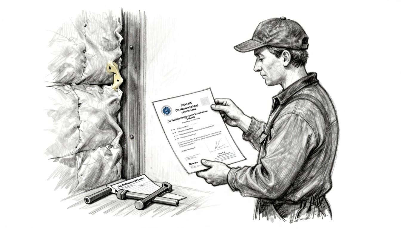 Hand-drawn graphite sketch of a qualified handyman holding a certification document for energy renovation under §35c EStG, standing next to an old house wall with insulation work in progress, simple tools and invoice nearby, on a clean white background with natural daylight and light shading.