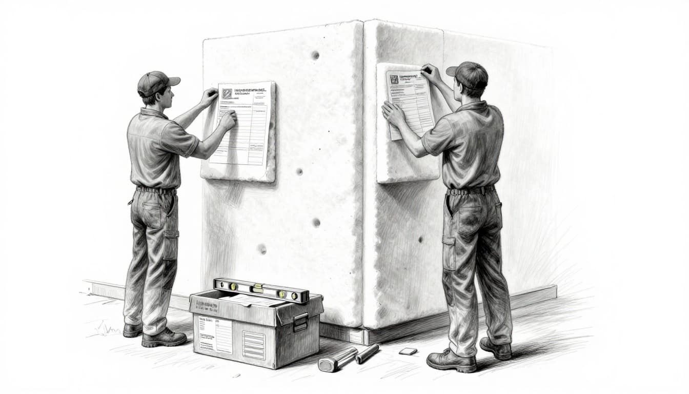 Hand-drawn graphite sketch depicting a handyman installing foam insulation panels on an exterior house wall, with an invoice and material boxes on the ground nearby, simple tools like hammer and level visible. Natural daylight illuminates the scene on a clean white background, focusing on deductible handyman costs.