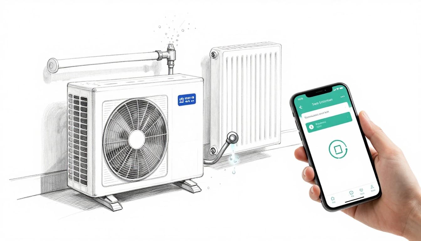 Hand-drawn graphite sketch of a modern outdoor air-water heat pump connected by pipes to an indoor radiator featuring an automatic bleed valve releasing air bubbles, with a smartphone displaying a venting app icon nearby. Illustrated with light shading, thin consistent linework on clean white paper background, no text or logos.