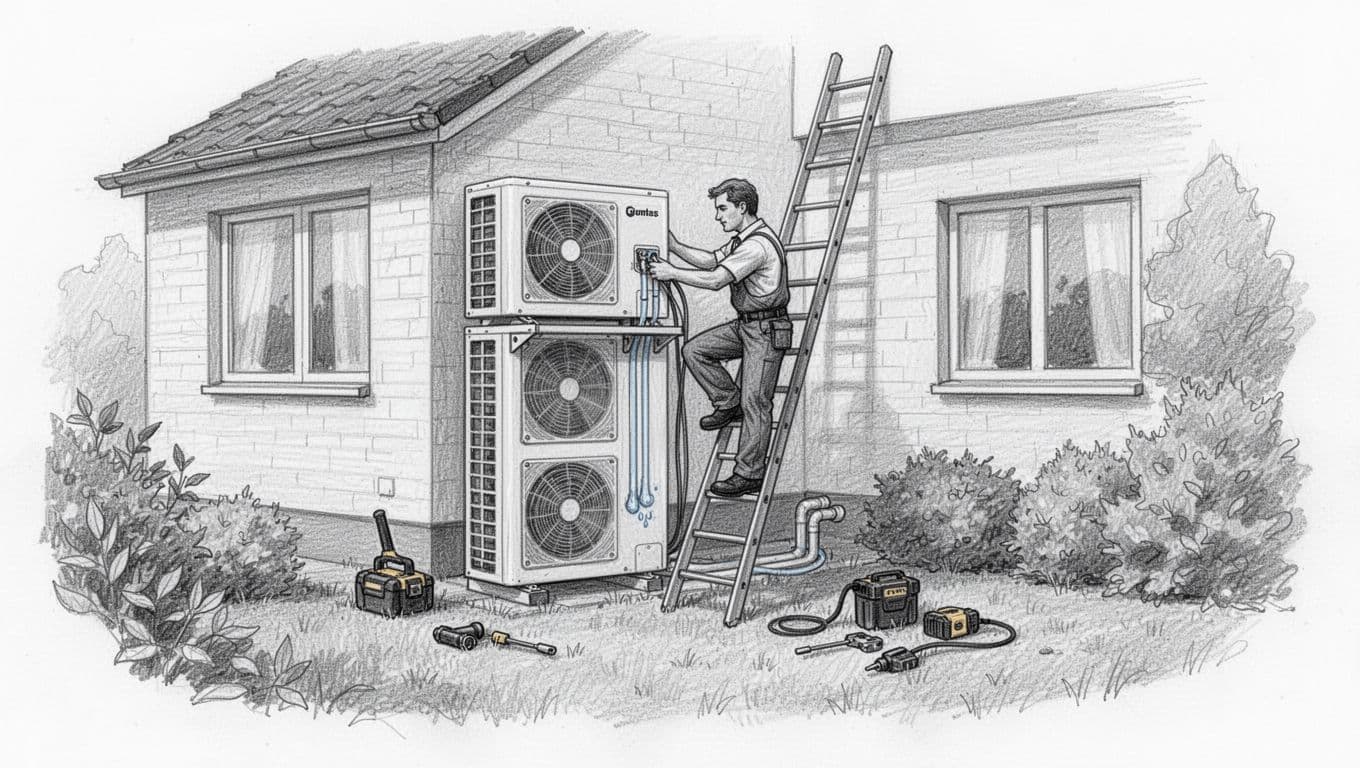 A single worker casually connects pipes on a modern air-water heat pump unit outside a typical German single-family house with brick facade and garden setting, shown in hand-drawn graphite sketch style with light shading on clean white paper.