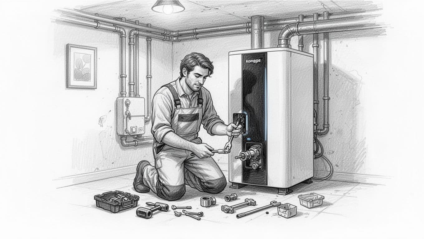 Hand-drawn graphite sketch of a technician installing a modern heat pump in a home basement, replacing an old oil boiler with pipes and tools around.
