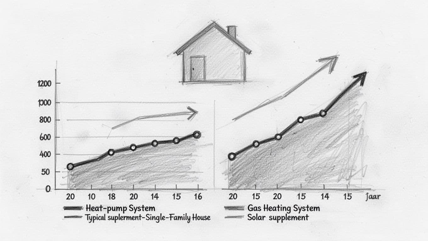 Hand-drawn graphite sketch on white background showing side-by-side 15-year cost graphs for heat pump (steady low costs with solar boost) versus gas heating (rising due to CO2 tax and biogas) in a typical German single-family house, with house icon, euro symbols, and directional arrows.