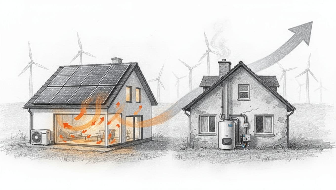 Hand-drawn graphite sketch showing future heating trends 2026+: modern house with heat pump and solar panels on left, older house with gas boiler and rising costs on right, subtle green energy symbols in background.