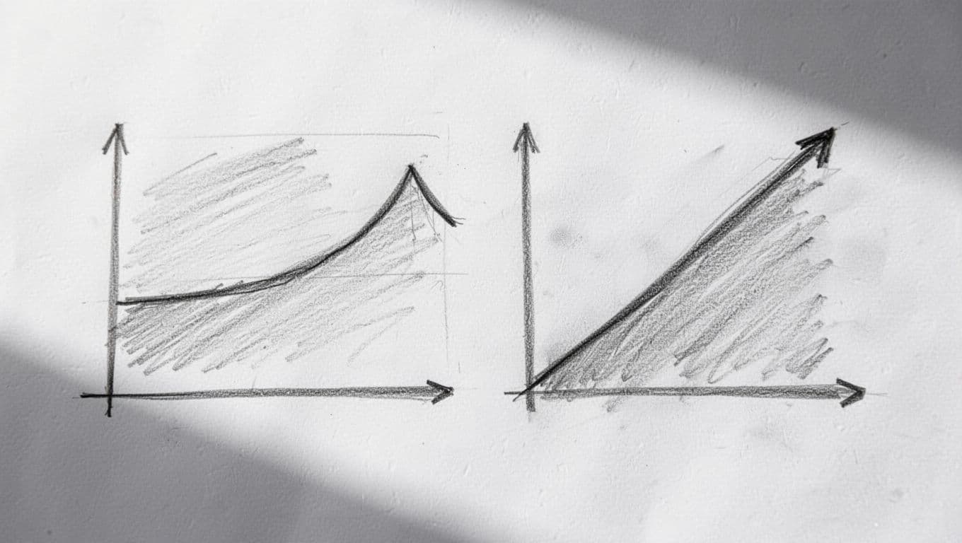 Side-by-side hand-drawn graphs comparing a flat heating curve for a heat pump from -15°C to 20°C rising to 35°C, and a steeper curve for gas or oil boiler rising to 60°C.
