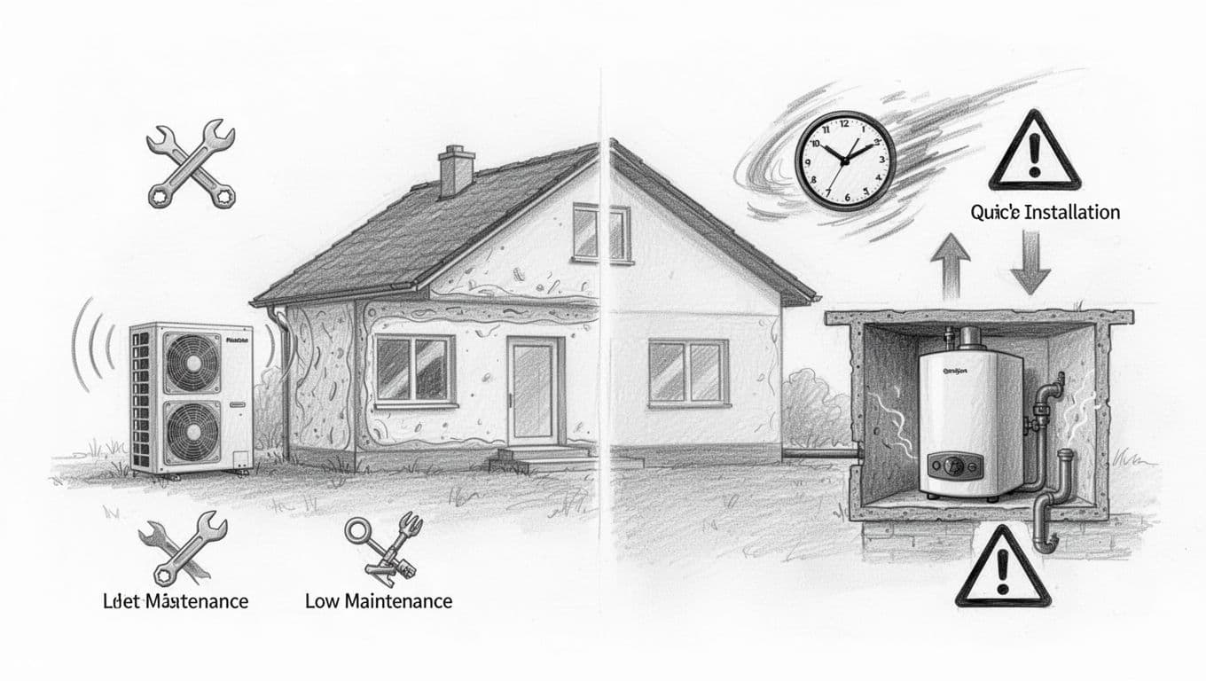 Hand-drawn graphite sketch comparing heat pump (quiet, low maintenance, insulated house) and gas boiler (quick install, future costs) for a detached house, side-by-side icons on white background.