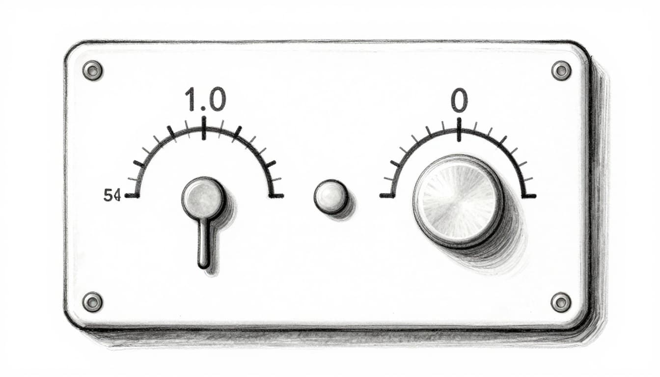 Hand-drawn graphite sketch of a heating controller panel featuring dials set to slope (Neigung) at 1.0 and level (Niveau) at 0, with simple linework, adjustment knobs, room thermostat icon, and light shading on a clean white background.