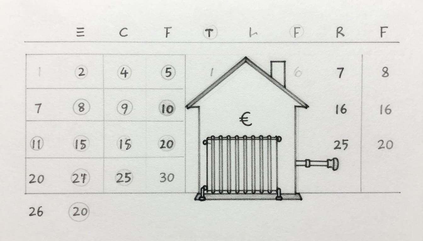 Hand-drawn graphite sketch on white paper showing a wall calendar with circled deadline dates, background house with heating pipes and radiator symbols, and a nearby fine notice icon like a gavel or euro symbol.
