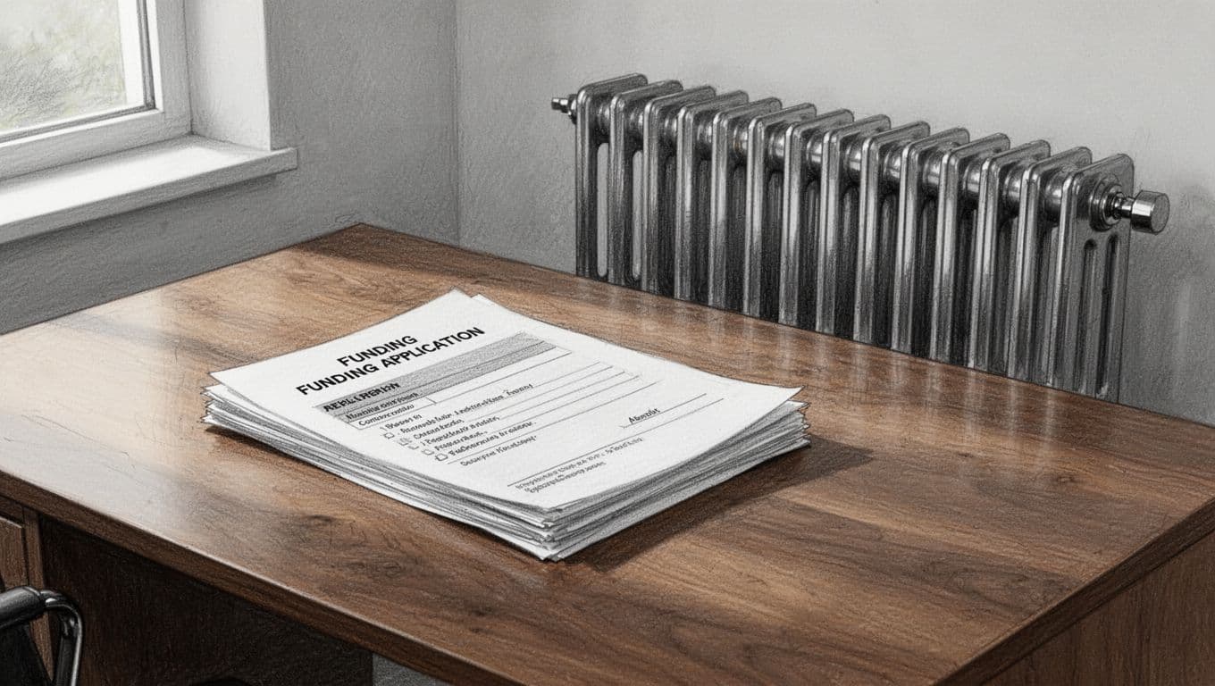 Hand-drawn graphite sketch of a funding application form stack and efficient modern radiator on a wooden desk in a simple home office, featuring subtle money and checkmark icons with light shading.