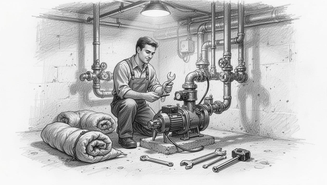 Hand-drawn graphite sketch on white paper showing a basement scene with a heating technician checking the pump, valves on pipes, and nearby insulation, emphasizing relaxed hands and tools for cost-saving maintenance.
