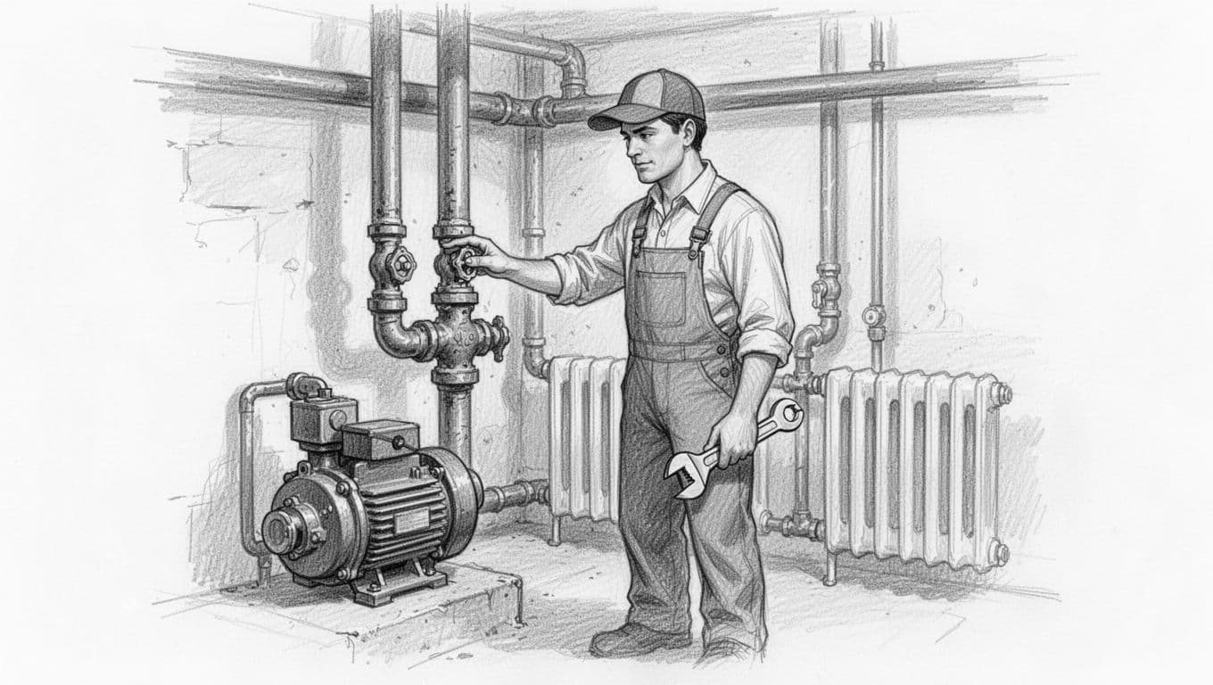Hand-drawn graphite sketch on white paper showing a heating technician in a basement gently checking old valves and pump on radiator pipes, with a wrench nearby and light shading for a relaxed inspection focus.