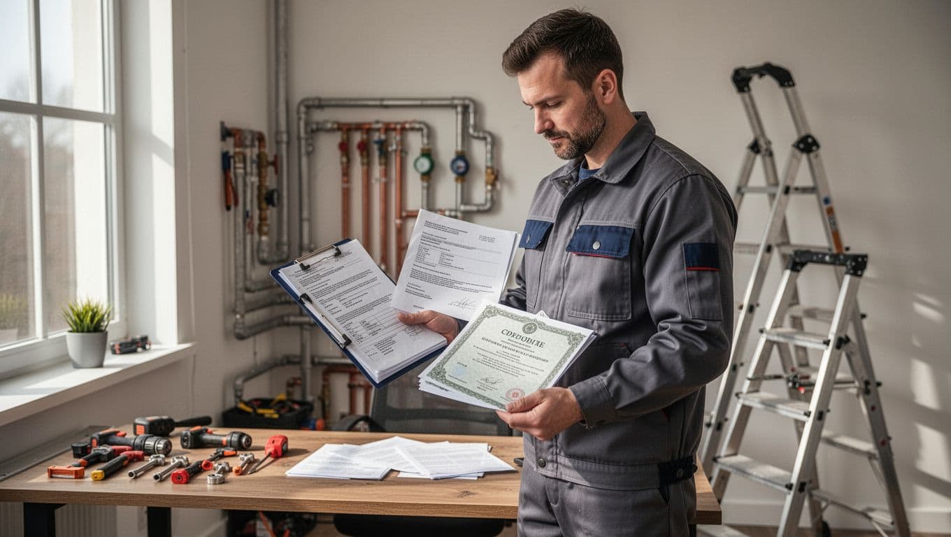 Hand-drawn graphite sketch on white paper showing a heating technician holding certificates and comparing offers on a clipboard in a home office setting, tools and pipes in background, light shading, exactly one person.