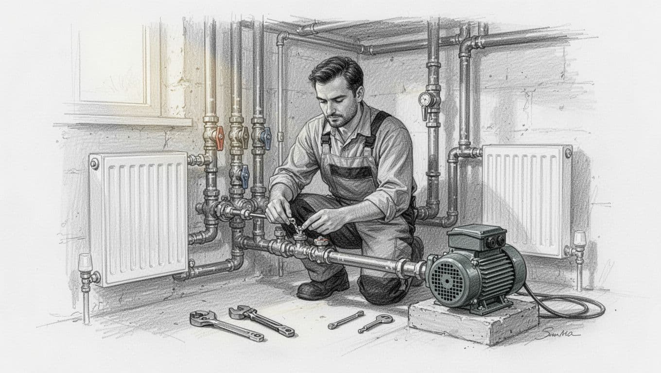 Hand-drawn graphite sketch of a heating technician in a home basement adjusting valves on pipes connected to radiators and pump, with tools nearby, focusing on the hydraulic balancing process.