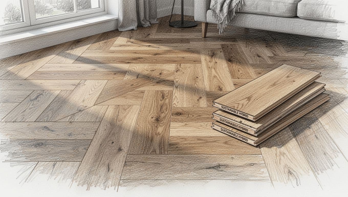 Hand-drawn graphite sketch of modern 2026 laminate flooring trends featuring large oak planks with realistic matte wood texture in warm earthy tones laid in a herringbone pattern across a cozy living room floor, with a stack of sustainable hybrid planks nearby.