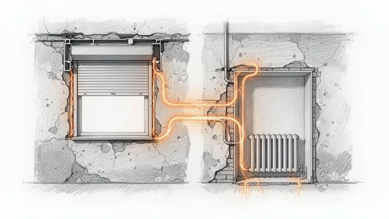 Hand-drawn graphite linework sketch of a cross-section in an old wall, illustrating hidden thermal bridges at the roller shutter box and radiator niche with heat escape points and light shading on a clean white background.