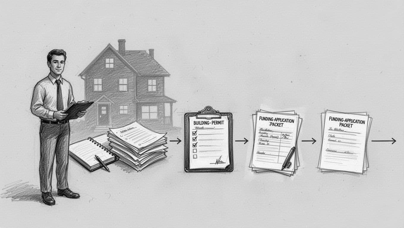 Hand-drawn graphite linework sketch depicting a horizontal flowchart of the home facade insulation planning process, from planning notebook to approved house facade, including energy advisor consultation, quotes, authority checks, and funding application, with central house silhouette and subtle shading on a light gray background.