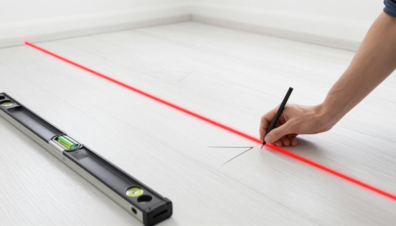 Hand-drawn graphite sketch depicting a person using a 2-meter laser level on an Estrich floor in a living room to measure unevenness, with red laser line showing deviations and chalk marks on low spots.