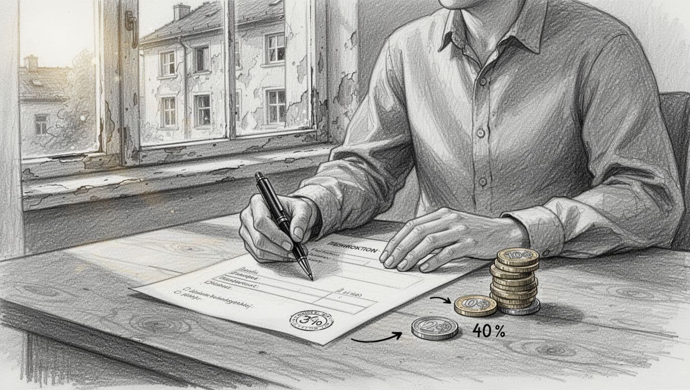 Hand-drawn graphite sketch on white paper of a homeowner at a desk filling out a funding application form for home ventilation retrofit, with KfW and BAFA icons as stamps nearby, euro coins stacking up to represent 40% subsidy, old building window in the background, and subtle arrows from the form to the money.