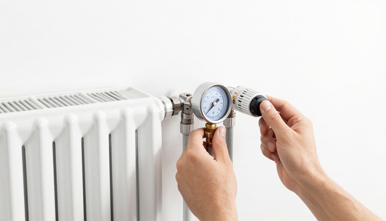 Hand-drawn graphite sketch of a homeowner turning thermostat knobs to maximum and measuring pressure on a manifold in a living room heating system with pipes and two radiators, light shading on clean white background.