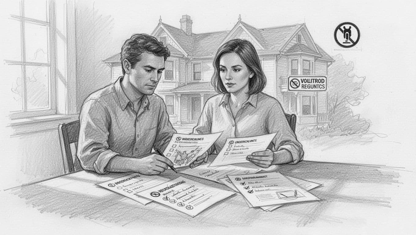 Hand-drawn graphite sketch on white paper showing a homeowner consulting building regulations documents and checklists for ventilation installation in an old building, with subtle icons of Altbau house, DIN norms, Bauamt stamp, and approval symbols, light shading, clean composition, exactly one person present, no additional humans, no text, no logos, no watermarks.