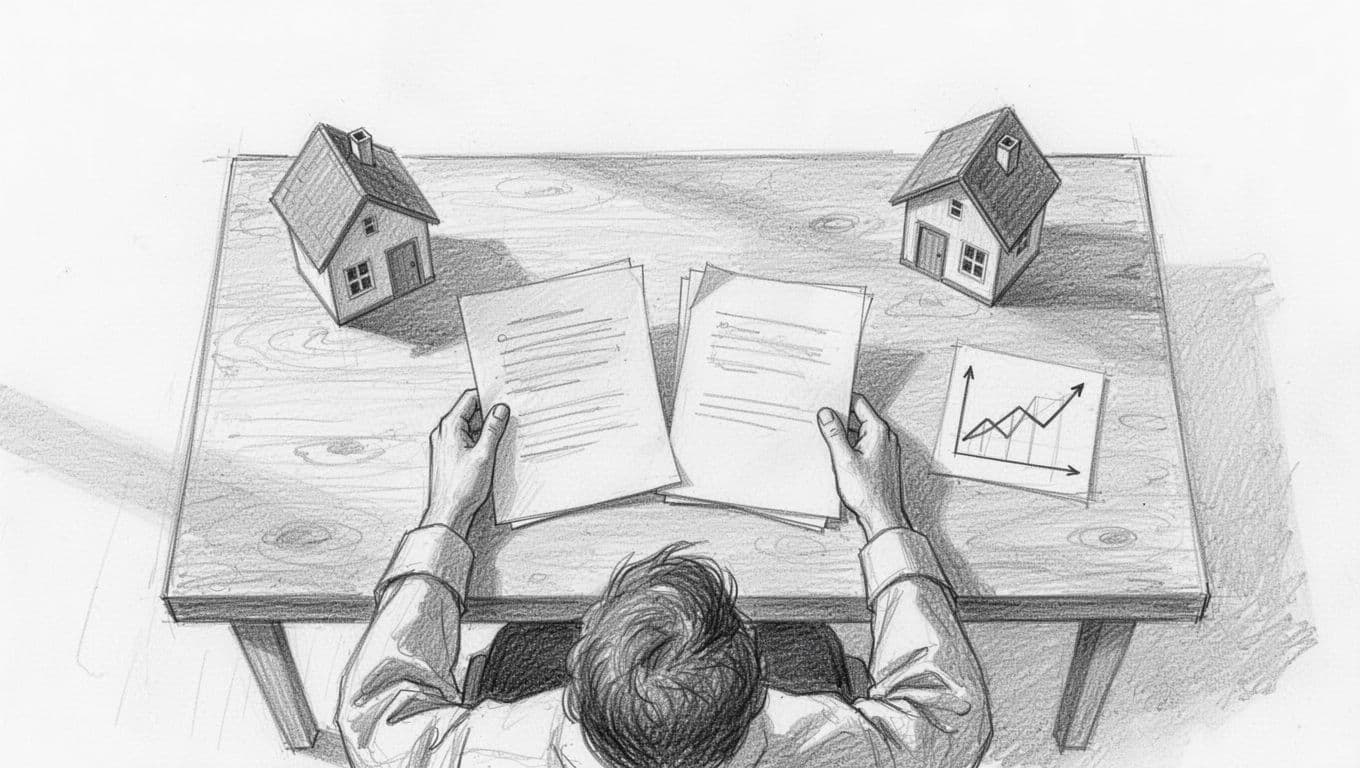 Hand-drawn graphite sketch of a homeowner sitting at a wooden desk in a home office, relaxed hands comparing printed profiles of energy consultants with certification icons and cost charts.