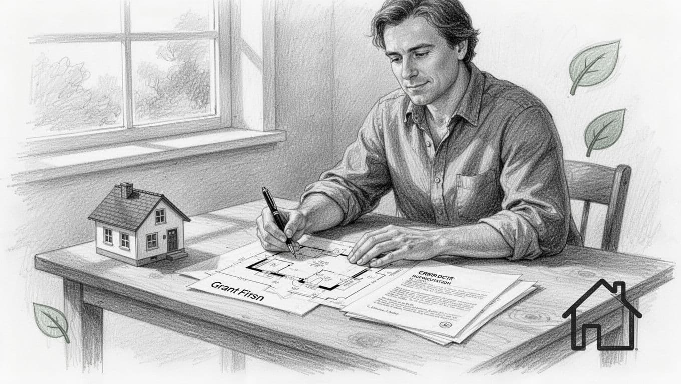 Hand-drawn graphite sketch of a homeowner sitting relaxed at a wooden desk in a cozy home office, holding a pen over Sanierungsfahrplan and Förderantrag documents with checklist icons, nearby model house and energy efficiency symbols.