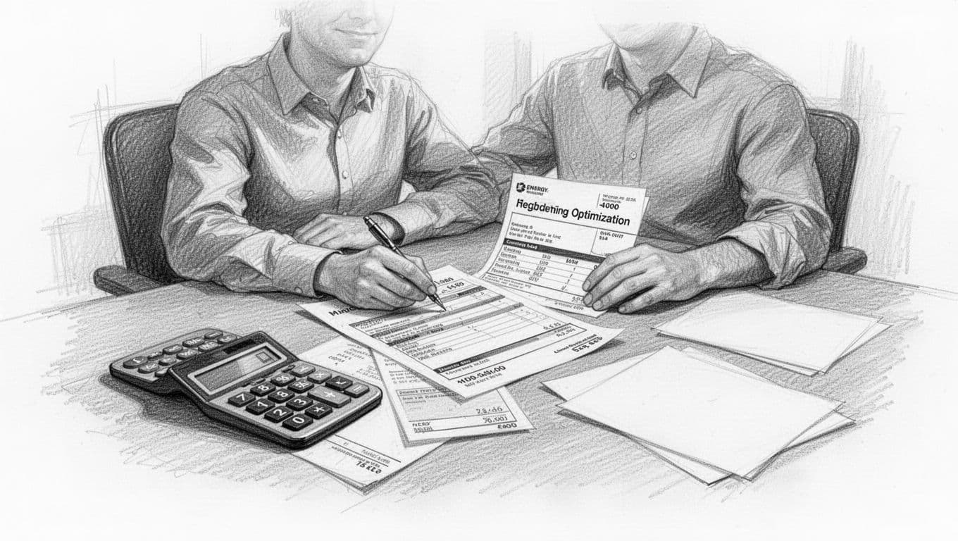Hand-drawn graphite sketch of a homeowner relaxedly filling out a funding application form for heating optimization in a home office, with faint KfW and BEG logos on background papers, calculator, and energy bill nearby on a clean white background.
