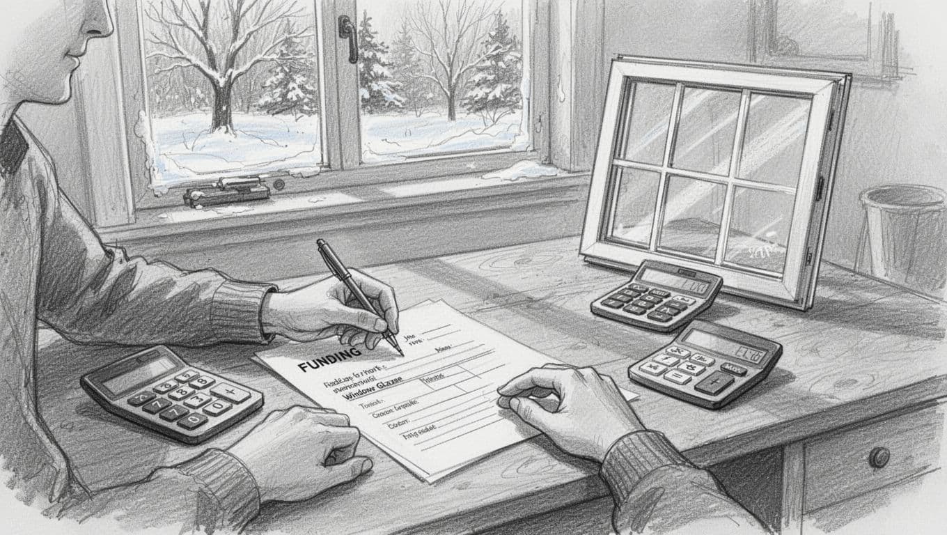 Hand-drawn pencil sketch of a homeowner at a wooden desk in a cozy home office, filling out a funding application for window renovation with Dreifachverglasung, accompanied by a calculator, sample triple-glazed window, energy efficiency icons, and a winter landscape visible through an old window.