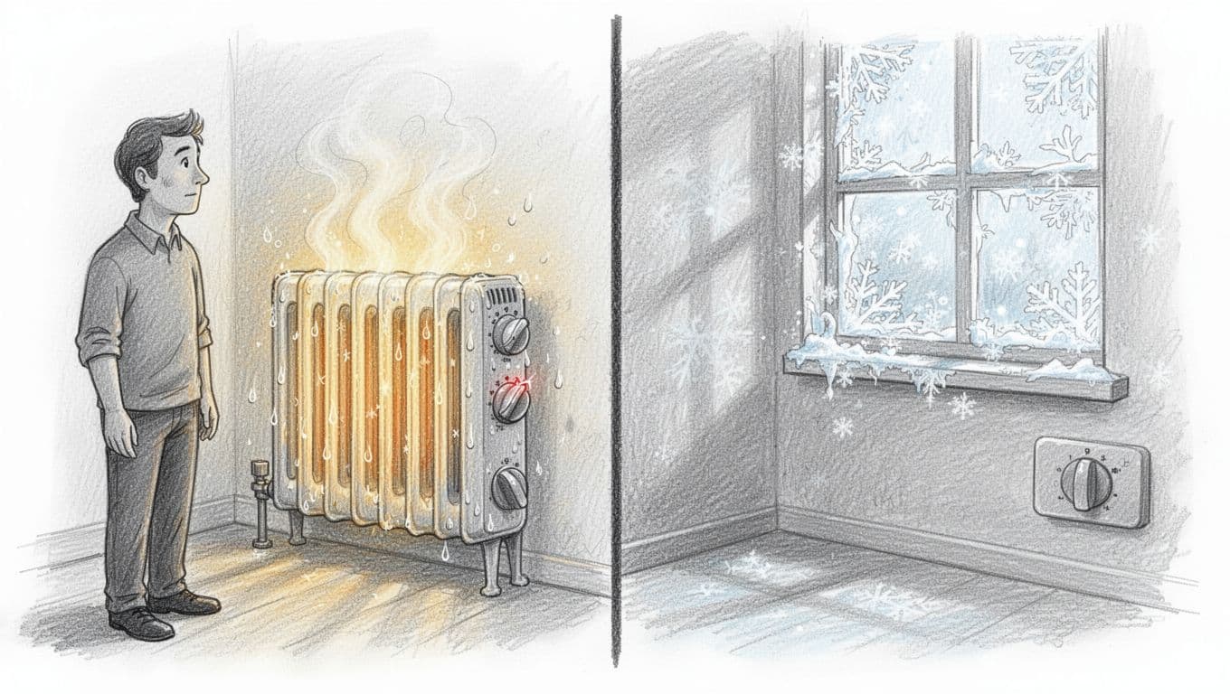 Hand-drawn graphite sketch of a homeowner facing heating curve errors: left side overheating radiator with sweat drops and steep controller dial, right side cold room with frost on window and flat dial, in a simple split-screen composition with light shading.