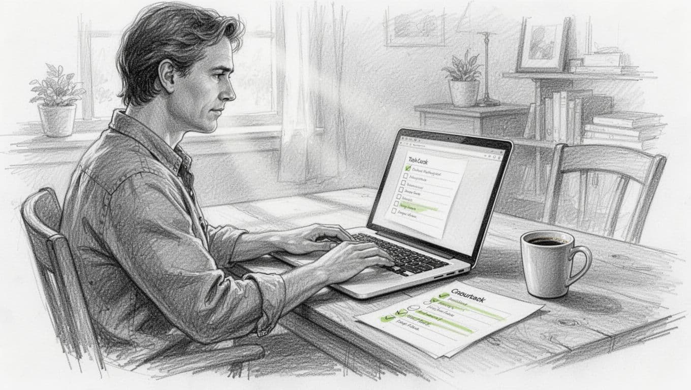 Hand-drawn graphite sketch on white paper of a homeowner sitting at a wooden desk in a cozy home office, with laptop open to a simple online application form, printed checklist with green checkmarks, relaxed hands on keyboard, coffee mug nearby, and focused expression.