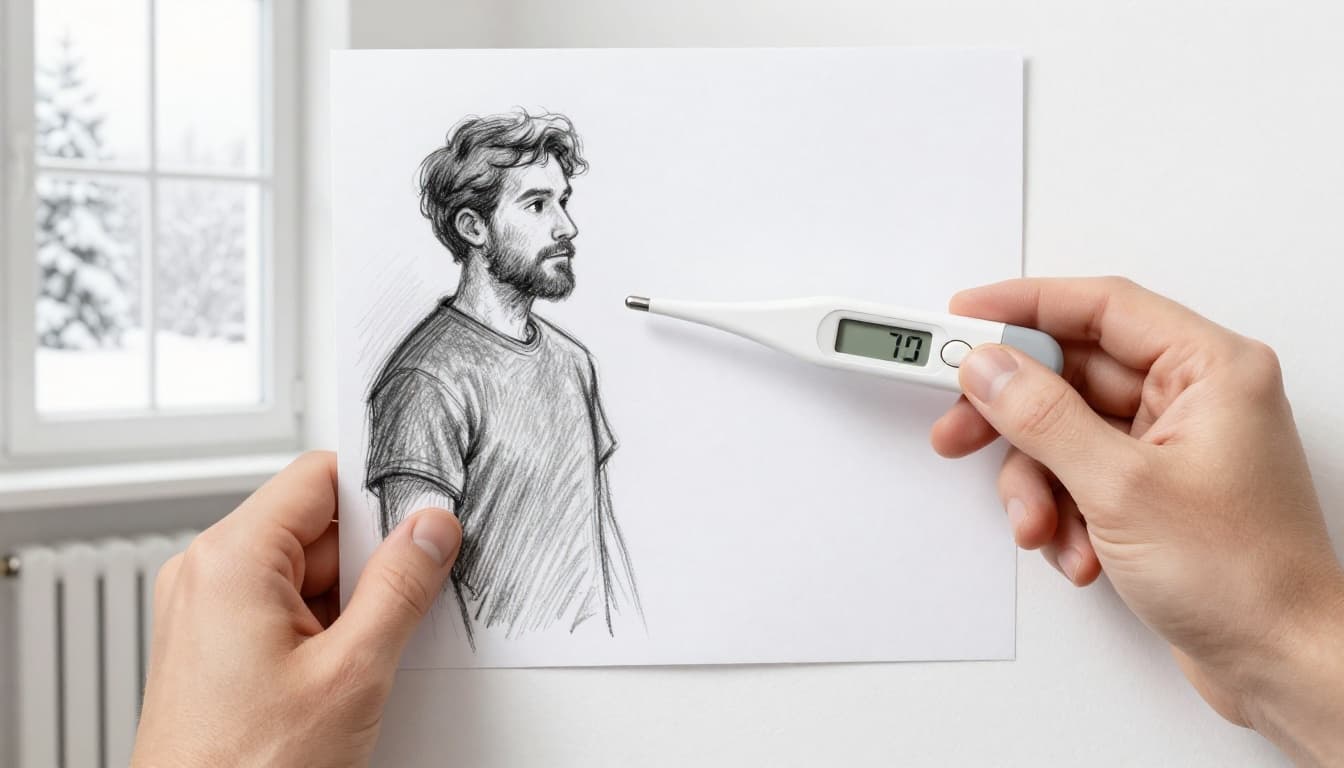 Hand-drawn graphite sketch of a homeowner relaxedly holding a digital thermometer to measure room temperature in the coolest room near a radiator, with a snowy window view outside, light shading on clean white background.