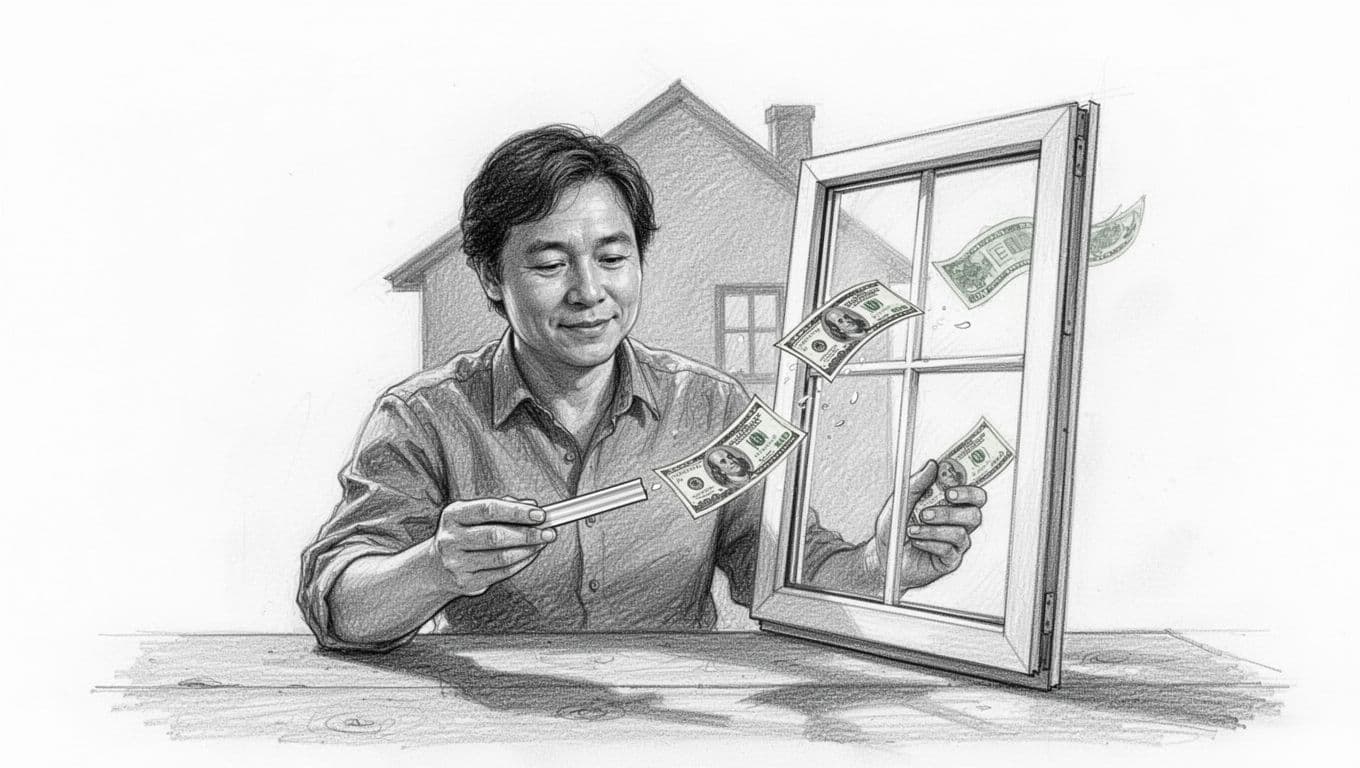 Hand-drawn graphite sketch of a homeowner comparing a cheap sealing strip and expensive new window on a table, with euro bills flying from the window toward the sealing option, simple house background, light shading.