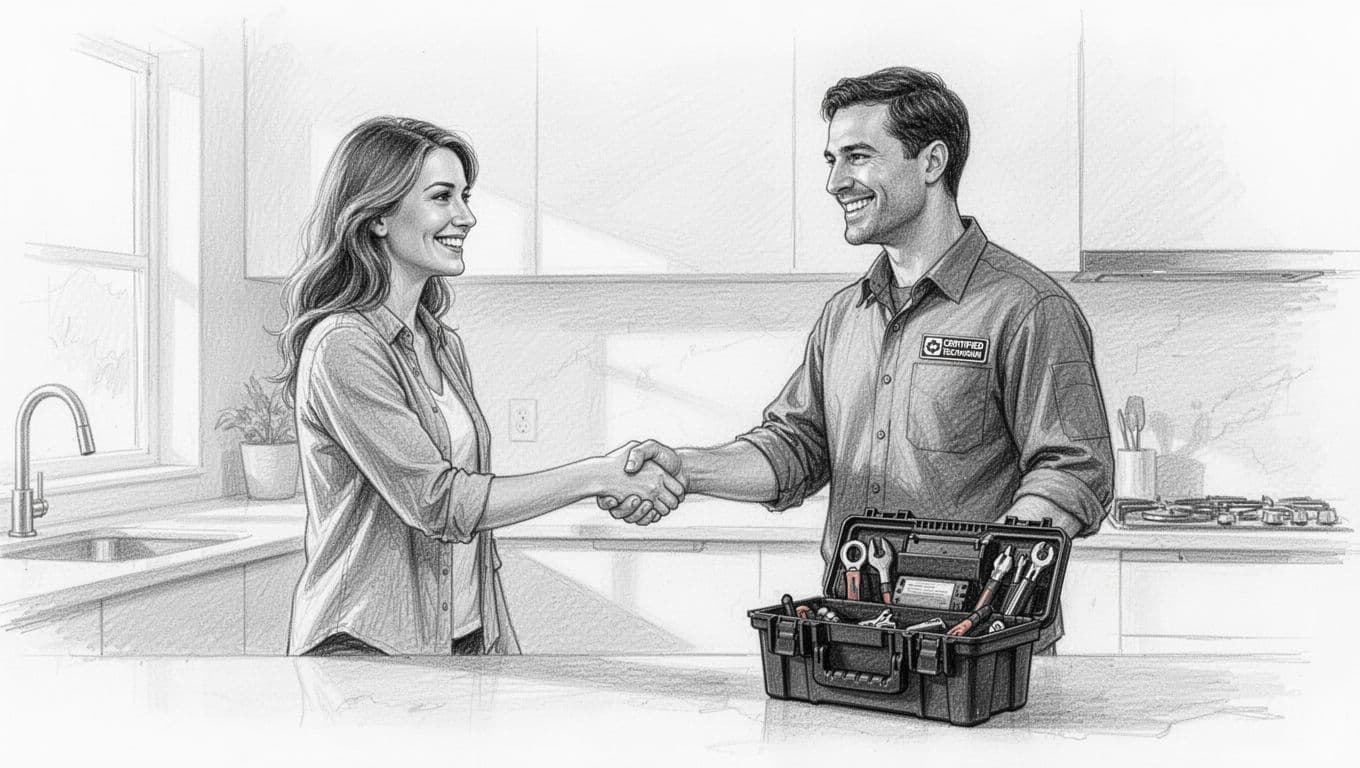 Hand-drawn graphite sketch of a smiling homeowner shaking hands with a certified technician in a modern kitchen after successful gas or electrical system installation check, toolbox nearby.