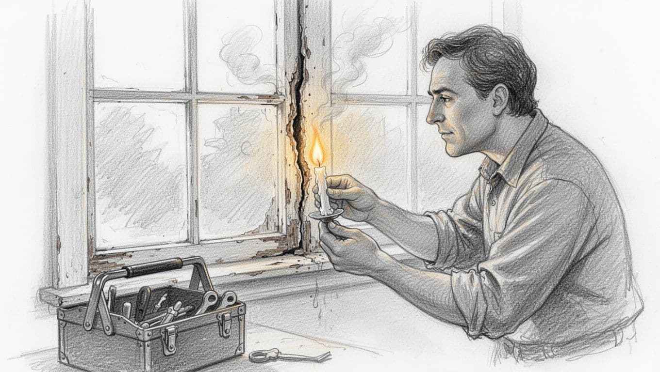 Hand-drawn sketch of a homeowner holding a candle flame near old window joints to test for drafts and air leaks, toolbox beside, graphite linework with light shading on clean white background.