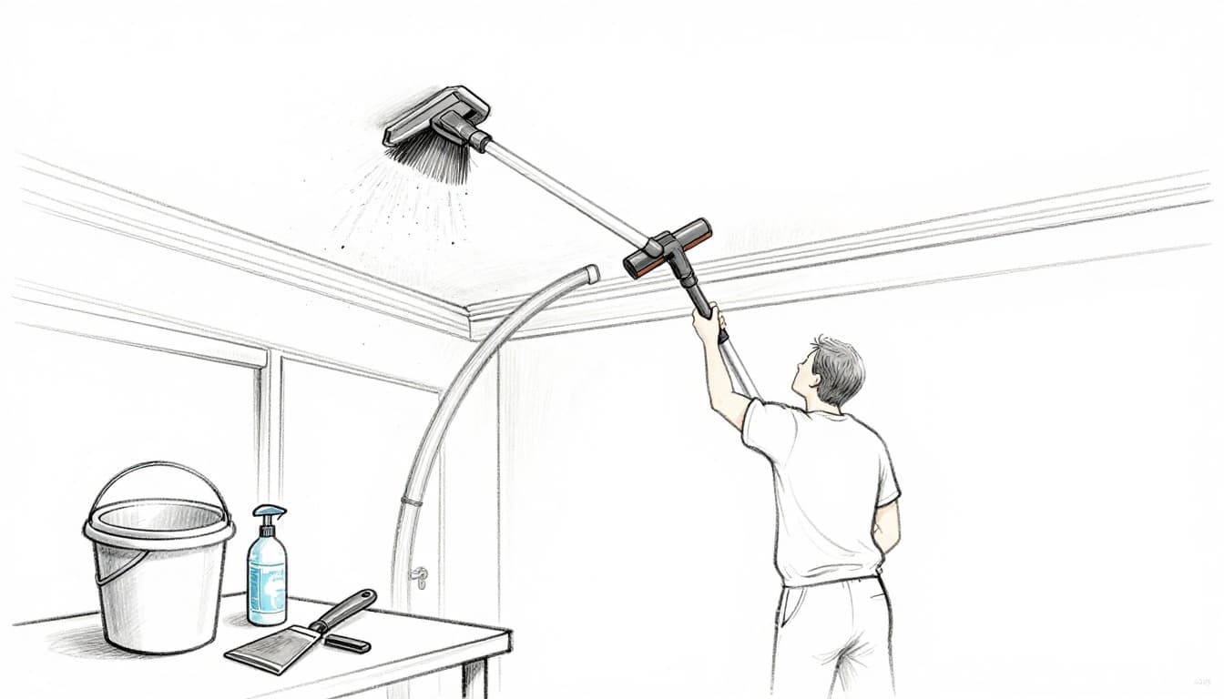 A homeowner carefully vacuuming dust from a ceiling using a brush attachment on an extension pole, with nearby tools like a bucket of mild cleaner and putty knife on a table.