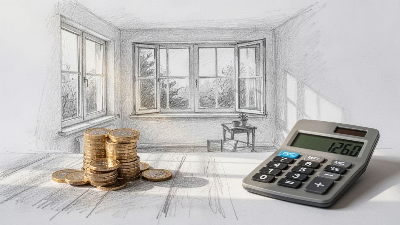 Hand-drawn sketch of a simple house with new windows, stacked euro coins from energy bill savings, and a nearby calculator on a white background.