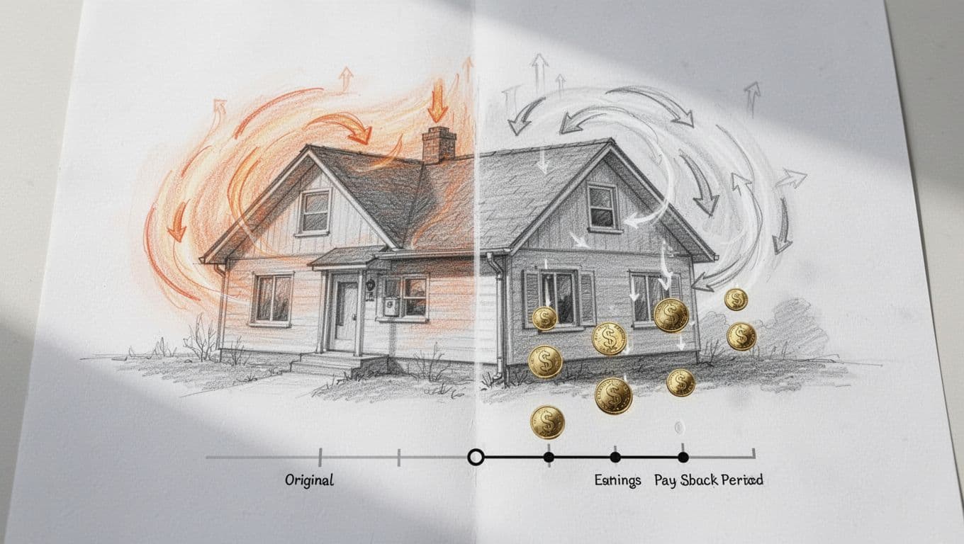 Hand-drawn graphite sketch depicting a house with energy savings comparison: before-after heat loss reduction, 30% euro savings drop, 5-10 year break-even timeline, simple arrows and meter readings on white paper.