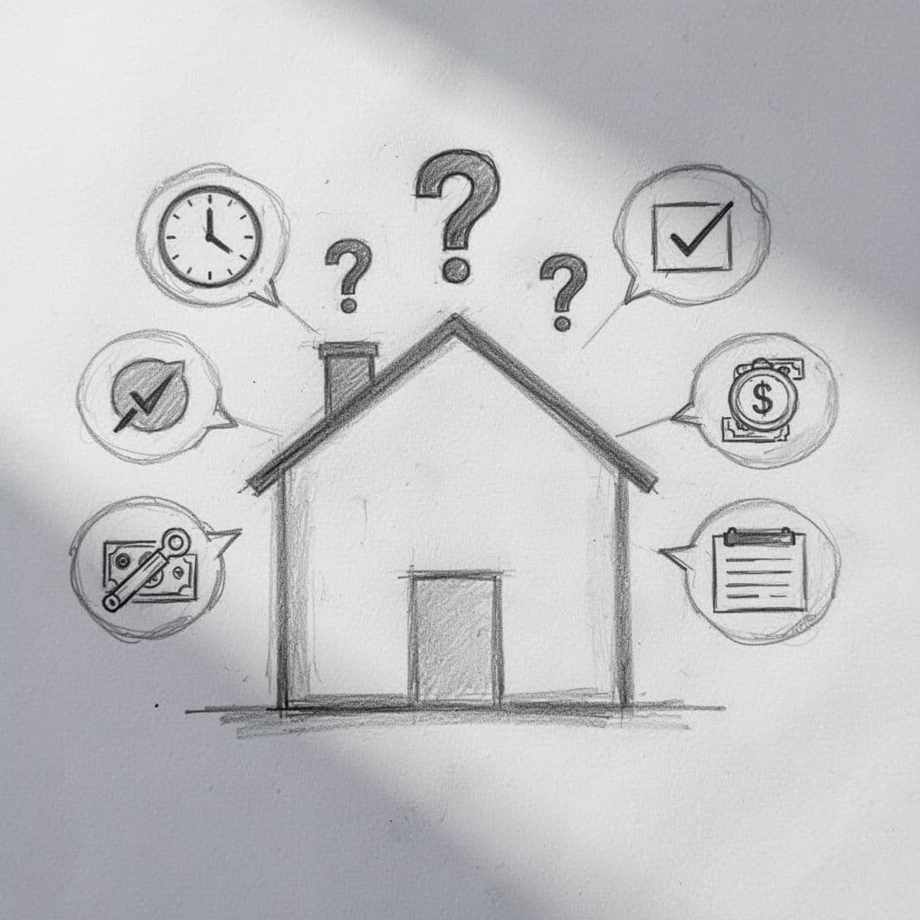 Hand-drawn graphite sketch on white paper featuring a simple house outline surrounded by question mark icons connected to answer bubbles with icons for clock (duration), checkmark (mandatory), euro (costs), and calendar (process). Clean central composition with light shading and consistent linework, no text or people.
