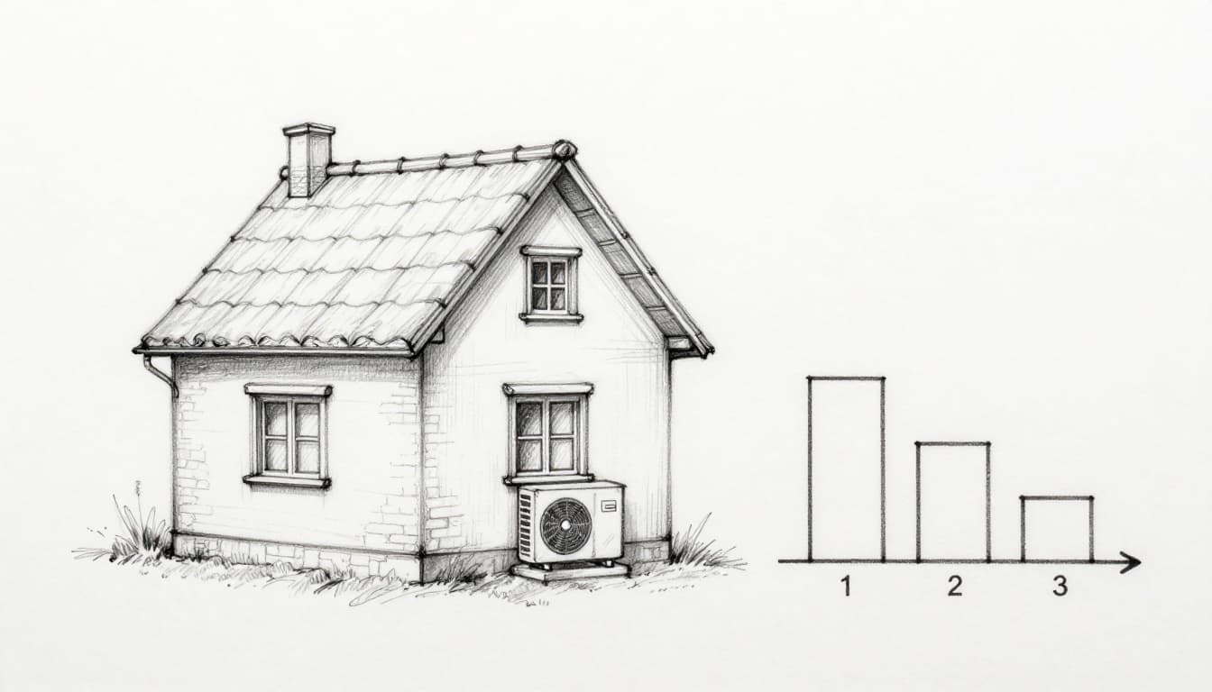 Hand-drawn graphite sketch of a simple old house insulated on walls and roof, with new windows and heat pump, next to a three-bar timeline chart showing tax savings over three years.