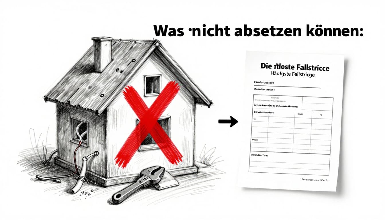 Hand-drawn graphite sketch symbolizing house renovation pitfalls: red X over DIY electrical wiring tools and self-made gas pipes, approved professional handyman invoice nearby, simple house outline on white background.