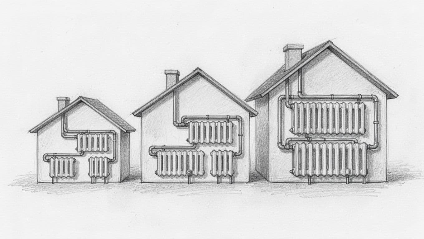 Hand-drawn graphite sketch showing three houses of different sizes side-by-side, with low, medium, and high euro price tags on heating pipes corresponding to 6-8, 8-12, and 12+ radiators respectively. Simple pipe systems, light shading for depth, on clean white paper background.