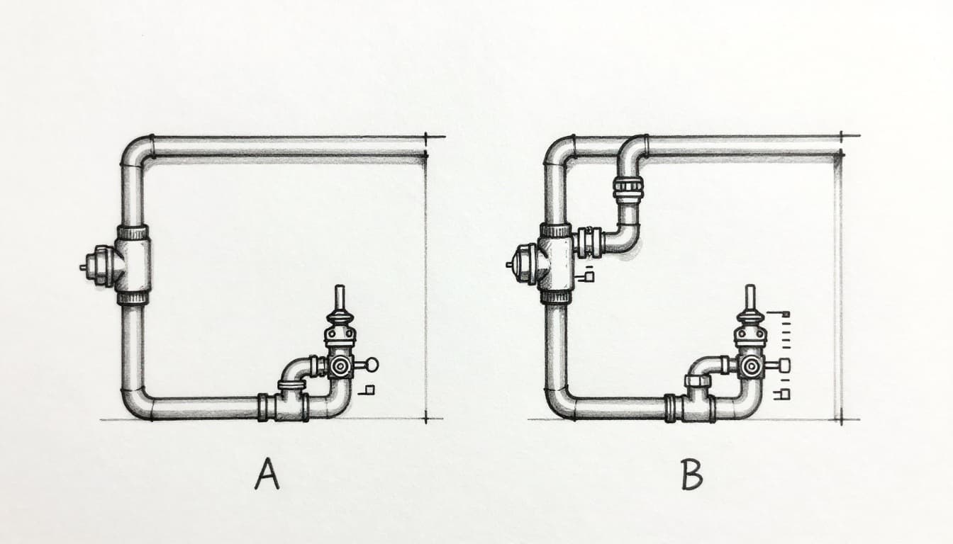 Hand-drawn graphite sketch on white paper showing two identical houses side-by-side: left with simple pipe layout (Method A), right with detailed measurements and adjustments (Method B), light shading, no text or people.