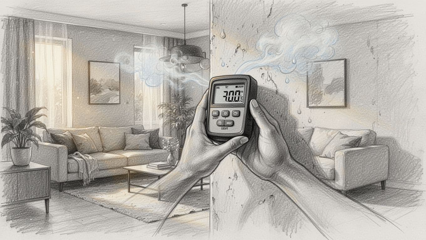 Hand-drawn graphite sketch of one person holding a digital hygrometer to measure humidity on a wall in a cozy modern living room after renovation, featuring subtle moisture indicators and warm lighting.