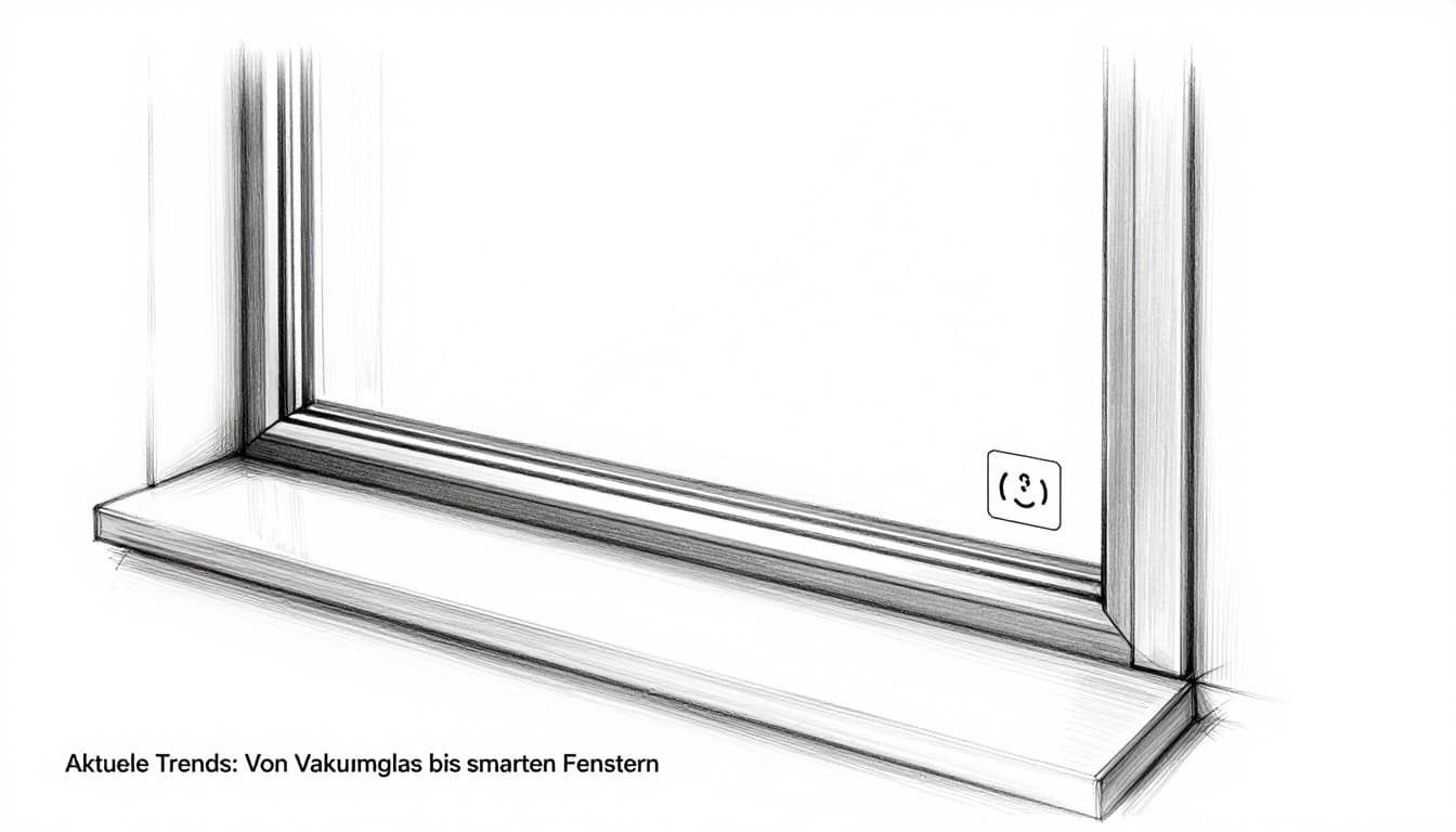 Hand-drawn graphite sketch on white background showing close-up of ultra-thin vacuum glass window pane with high insulation next to smart window with integrated sensor and app control icon on modern home sill.