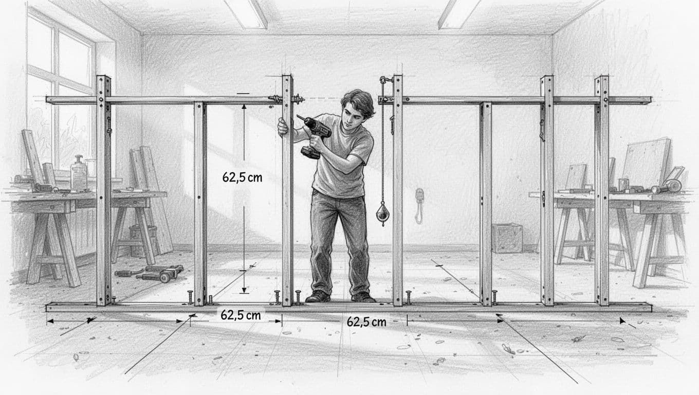 Hand-drawn graphite sketch depicting one person inserting vertical CW stander profiles into horizontal UW tracks spaced at 62.5 cm, screwing them in place with a drill, and using a plumb bob or level for vertical alignment check, front room view with marked floor lines.