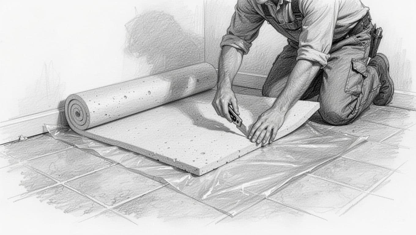 Hand-drawn graphite sketch showing a person unrolling and laying foam underlayment for impact sound insulation over a prepared tile floor, cutting to fit with a utility knife, and adding vapor barrier in a room corner.