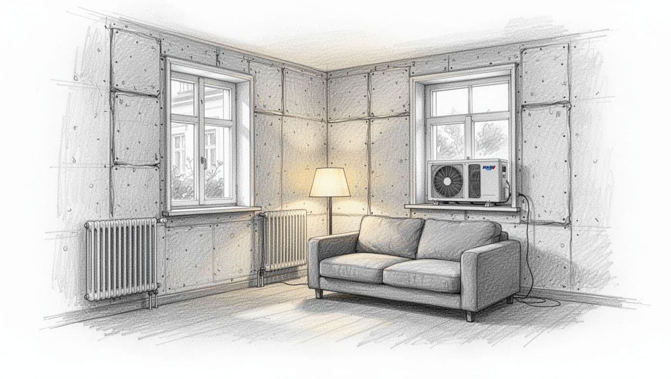 Hand-drawn sketch of cozy Altbau living room with insulated walls, slim radiators, sofa, lamp, and heat pump unit through window.