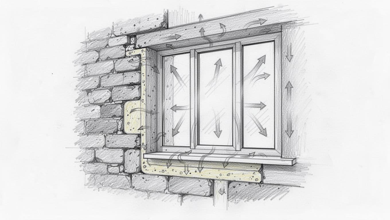 Hand-drawn pencil sketch of an old Altbau wall section with insulation and triple-glazed window, arrows indicating U-Wert values mismatch but balanced overall heat flow without thermal bridges.