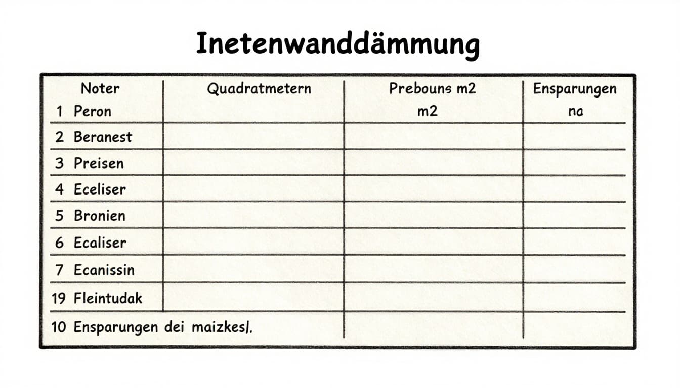 Hand-drawn graphite sketch of a cost calculation for interior wall insulation, showing square meters, prices per m², heating cost savings, and simple table notes on a white background.