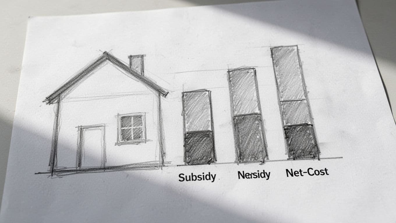 Hand-drawn graphite sketch on white paper depicting a simple cost breakdown chart for iSFP creation, with columns for gross costs, BAFA subsidy, and net costs across North, South, and East Germany regions. Includes one house outline and euro icons, featuring clean linework, light shading, and a white background.